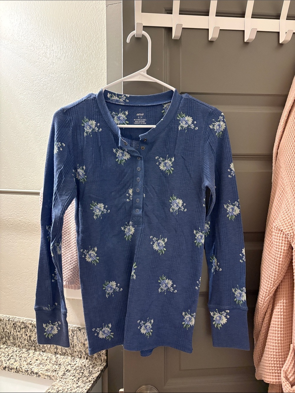 aerie Blue Floral Henley Long Sleeve Pajama Top
